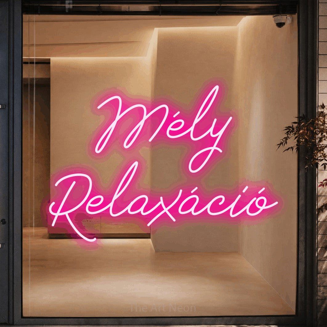 LED neon sign reading “Mély Relaxáció”, arranged in two lines.