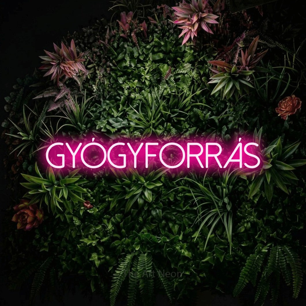 LED neon sign reading “gyógyforrás”, arranged in a single line.