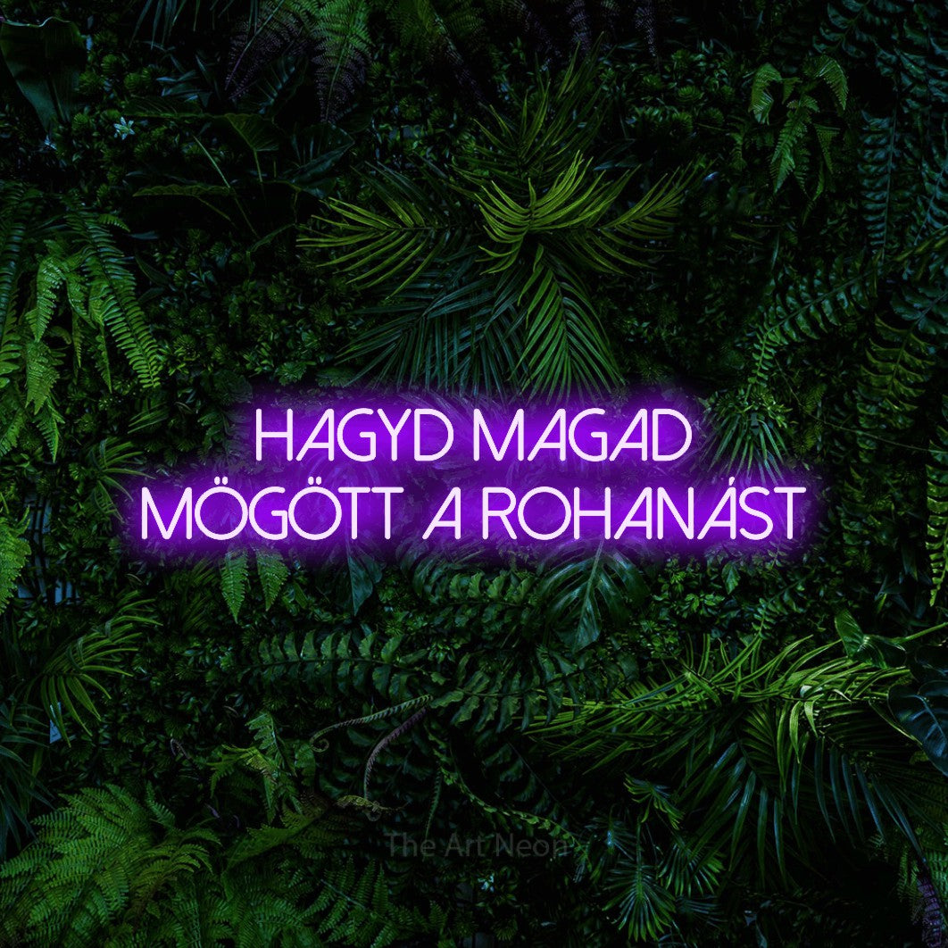 LED neon sign reading “HAGYD MAGAD MÖGÖTT A ROHANÁST”, arranged in two lines.