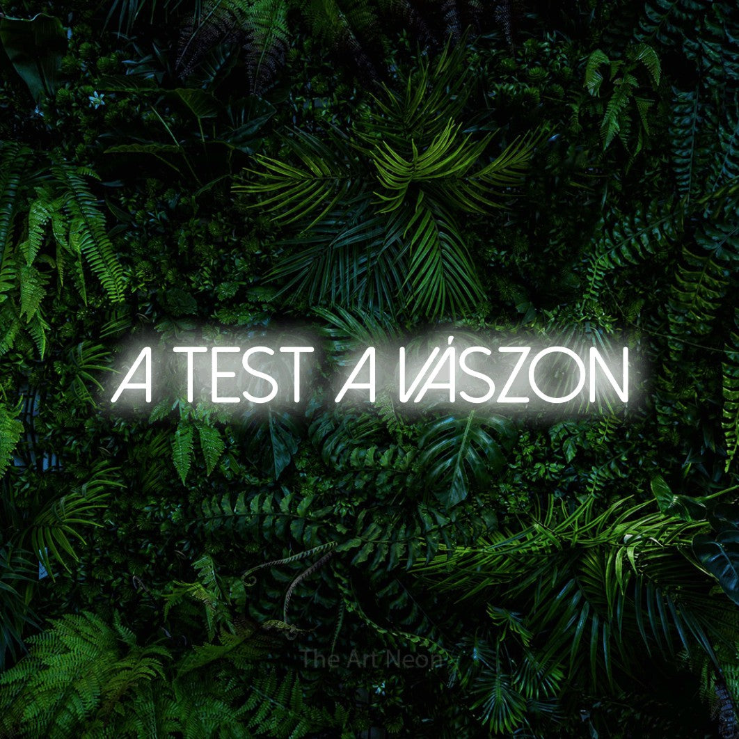 LED neon sign reading “A Test A Vászon”, arranged in a single line.