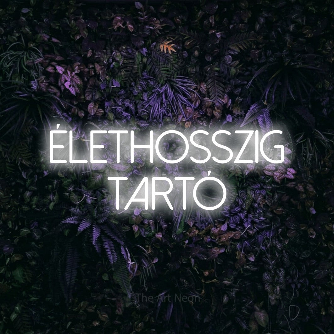LED neon sign reading “ÉLETHOSSZIG tartó”, arranged in two lines.
