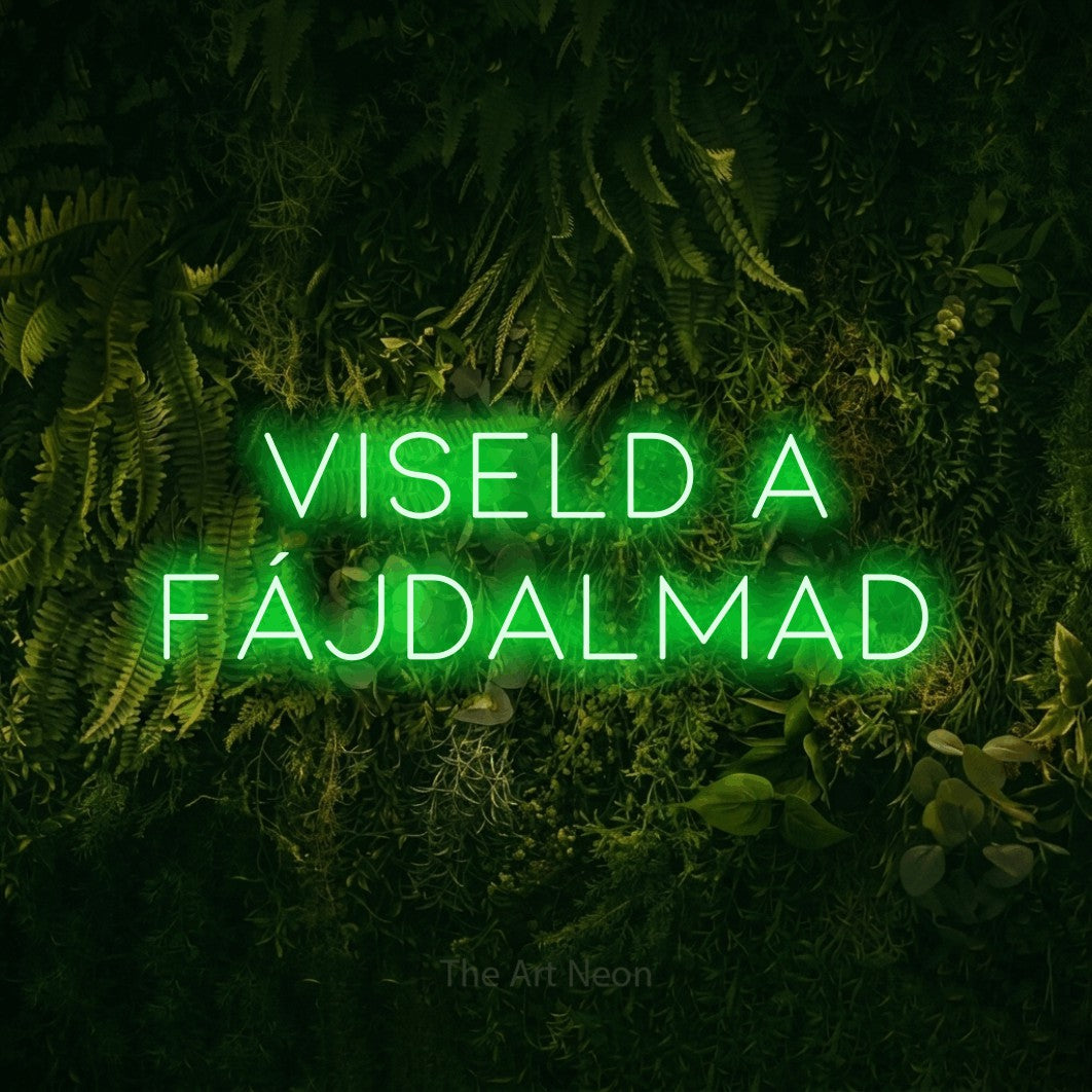 LED neon sign reading “viseld a FÁJDALMAD”, arranged in two lines.