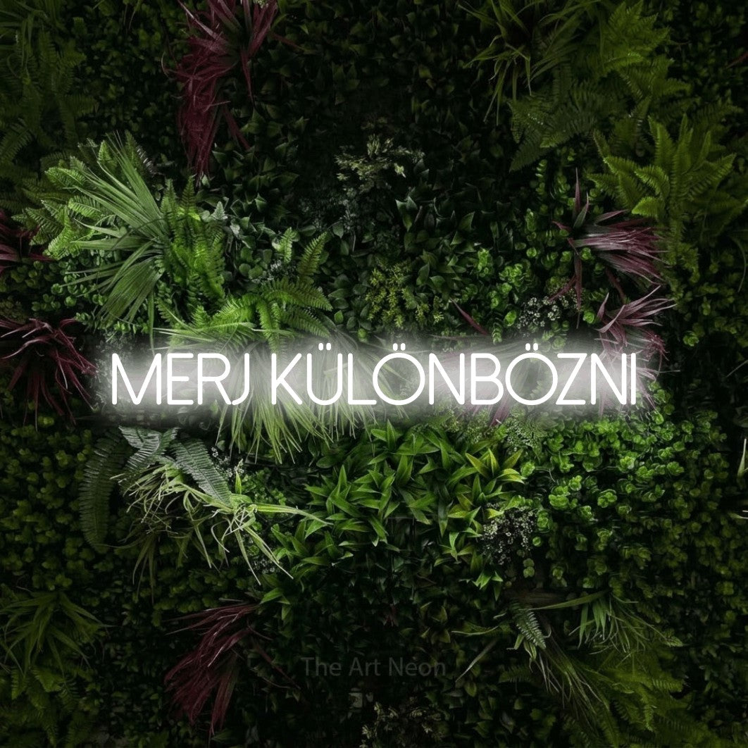 LED neon sign reading “merj különbözni”, arranged in a single line.