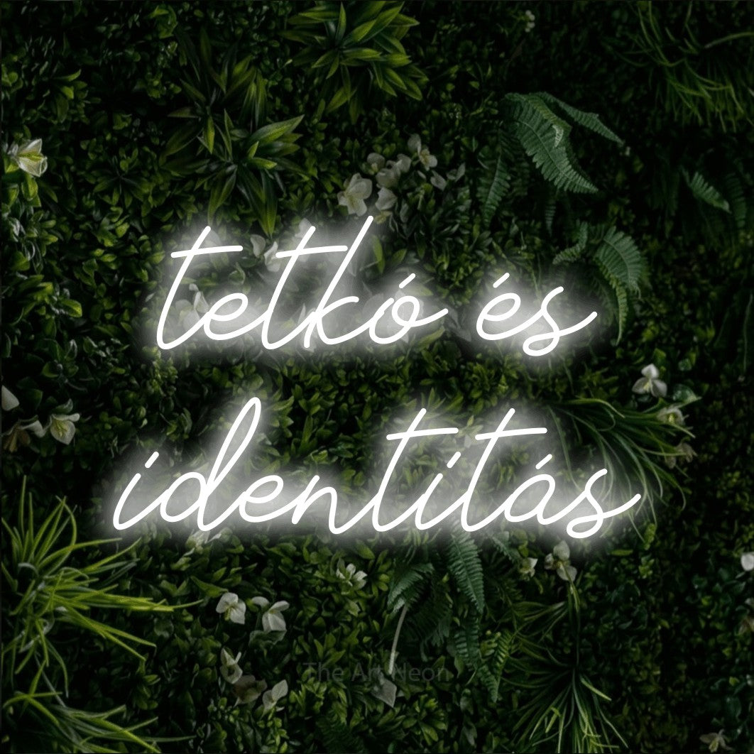 LED neon sign reading “tetkó és identitás”, arranged in two lines.