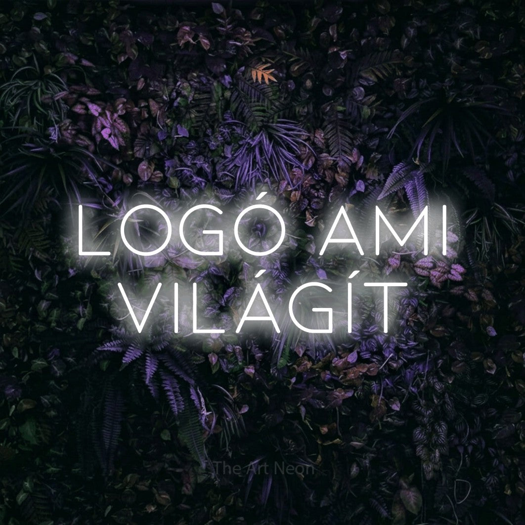 LED neon sign reading “Logó Ami Világít”, arranged in two lines.
