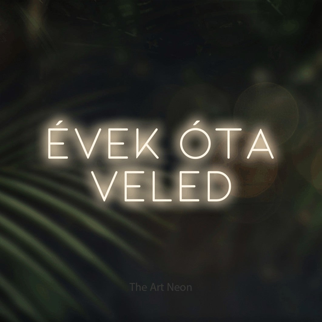 LED neon sign reading “ÉVEK ÓTA VELED”, arranged in two lines.