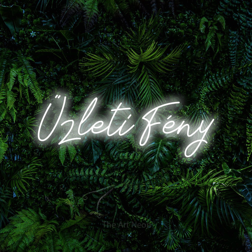 LED neon sign reading “Üzleti Fény”, arranged in a single line.