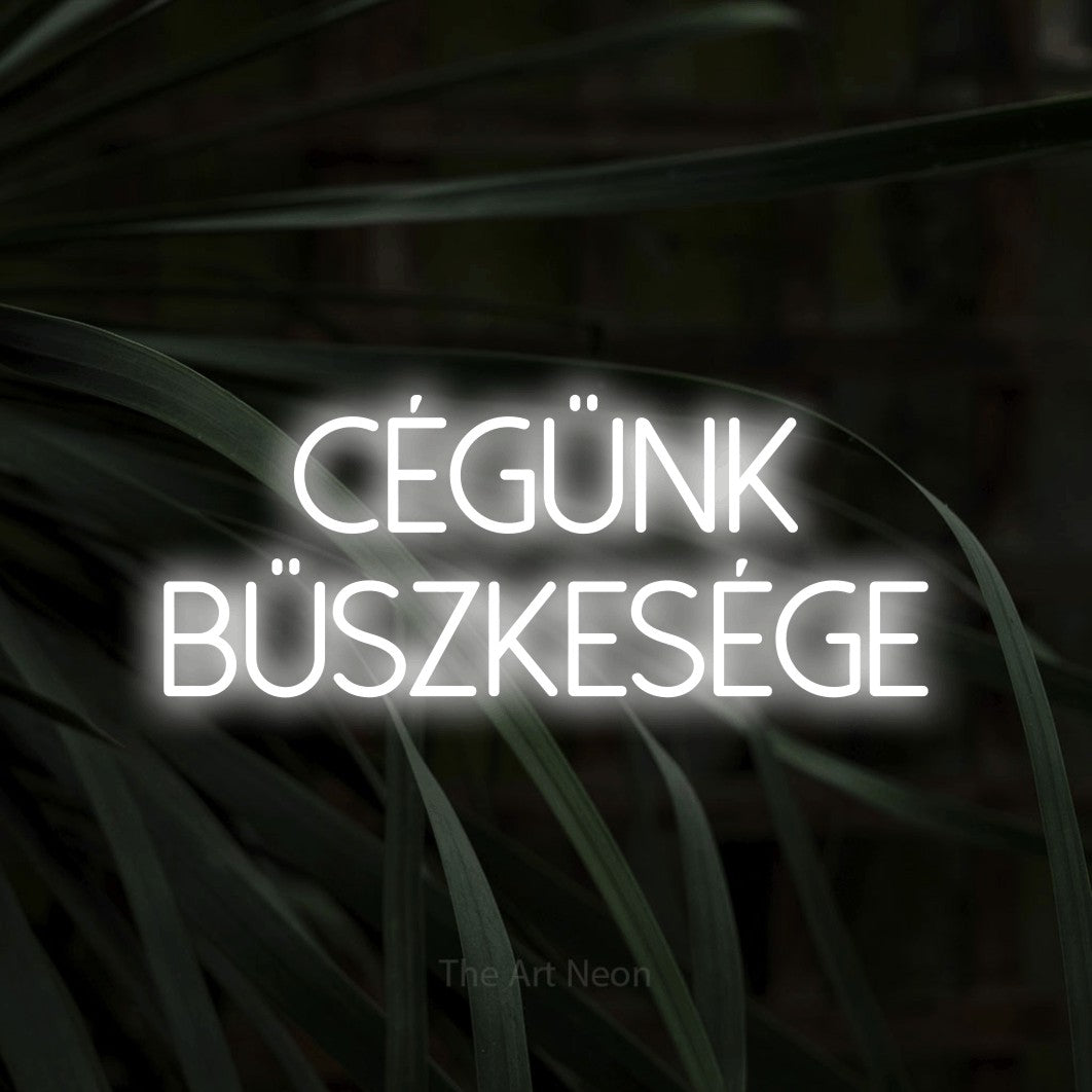 LED neon sign reading “CÉGÜNK BÜSZKESÉGE”, arranged in two lines.