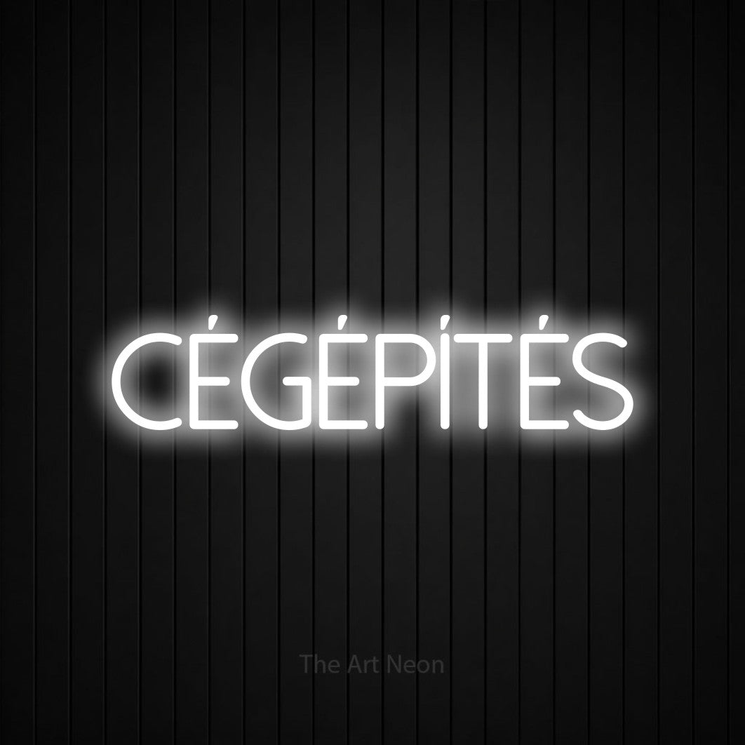 LED neon sign reading “cégépítés”, arranged in a single line.
