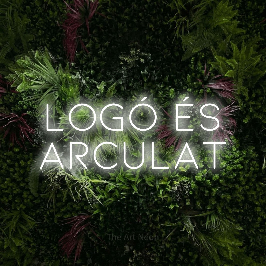 LED neon sign reading “Logó És Arculat”, arranged in two lines.