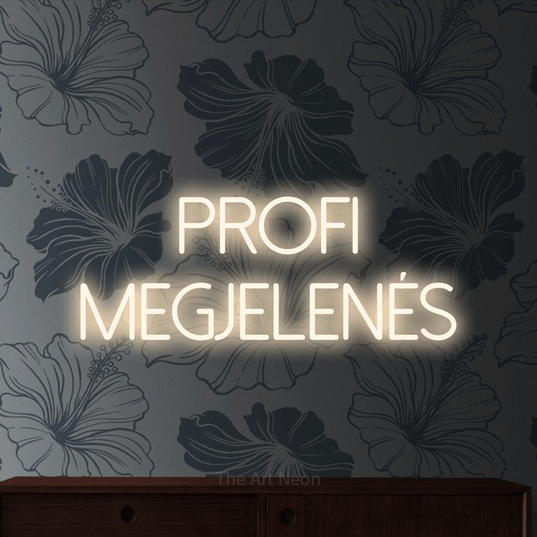LED neon sign reading “PROFI MEGJELENÉS”, arranged in two lines.