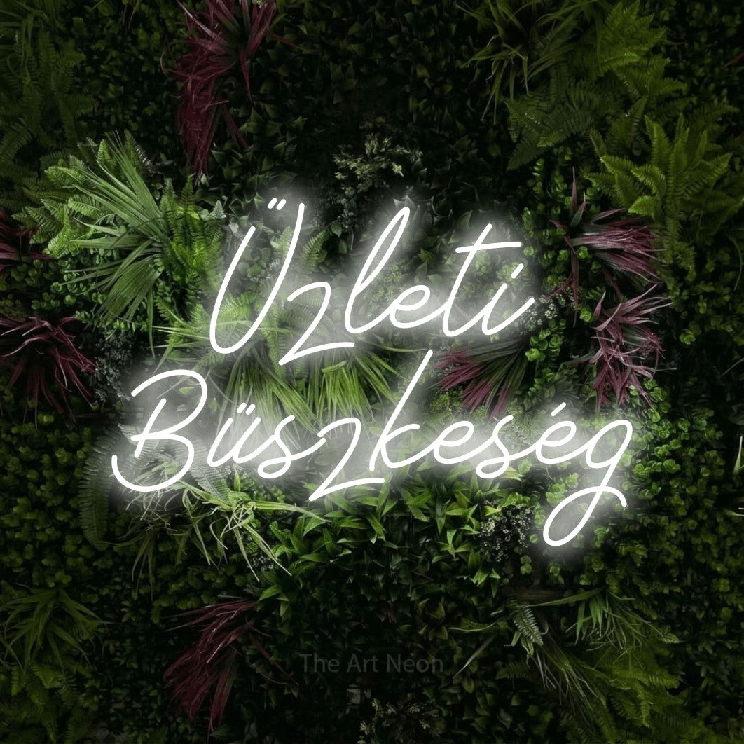 LED neon sign reading “Üzleti Büszkeség”, arranged in two lines.