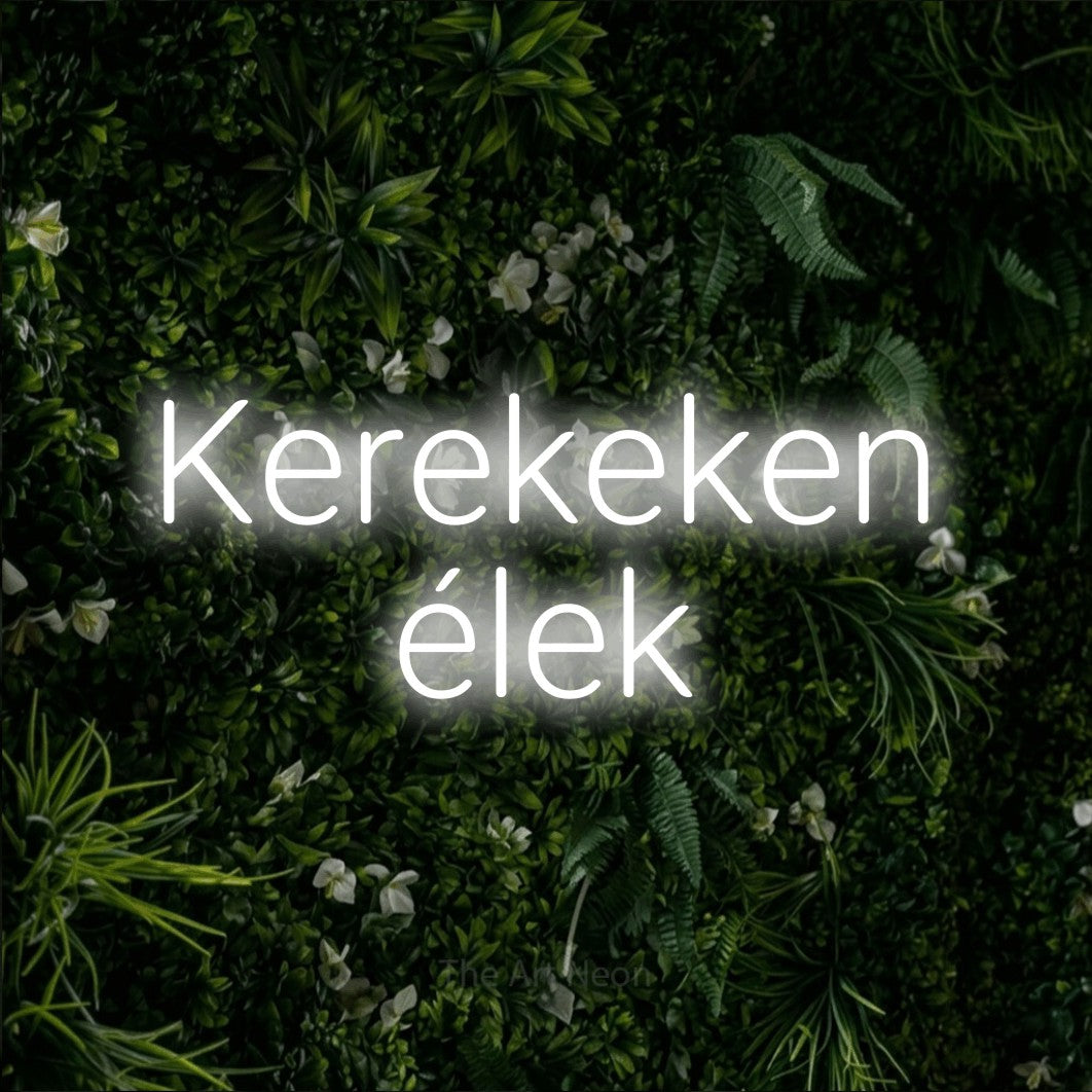 LED neon sign reading “Kerekeken élek”, arranged in two lines.