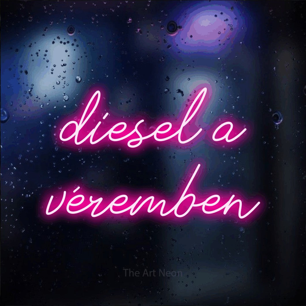 LED neon sign reading “diesel a véremben”, arranged in two lines.