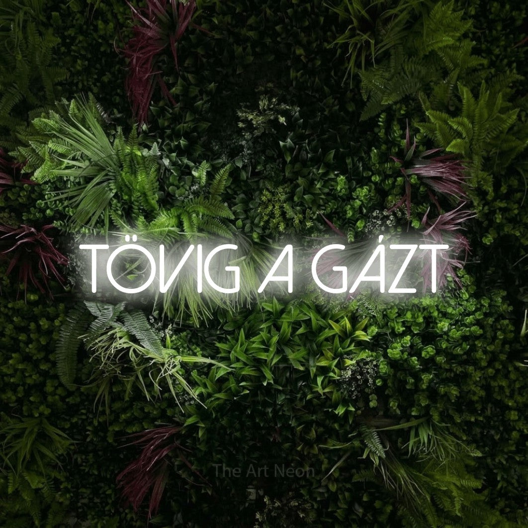 LED neon sign reading “TÖVIG A GÁZT”, arranged in a single line.