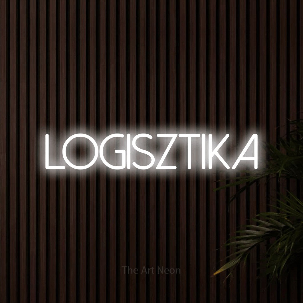 LED neon sign reading “logisztika”, arranged in a single line.