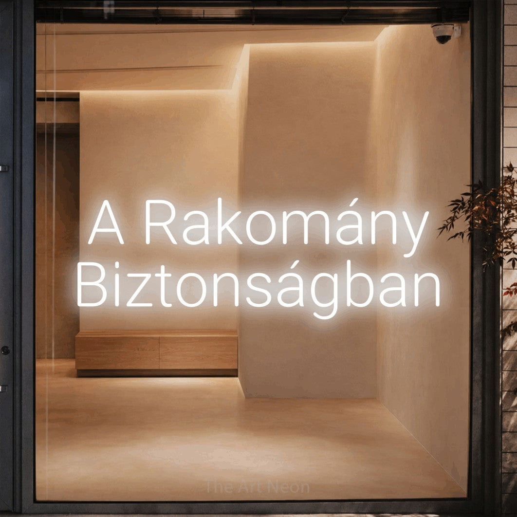 LED neon sign reading “A Rakomány Biztonságban”, arranged in two lines.