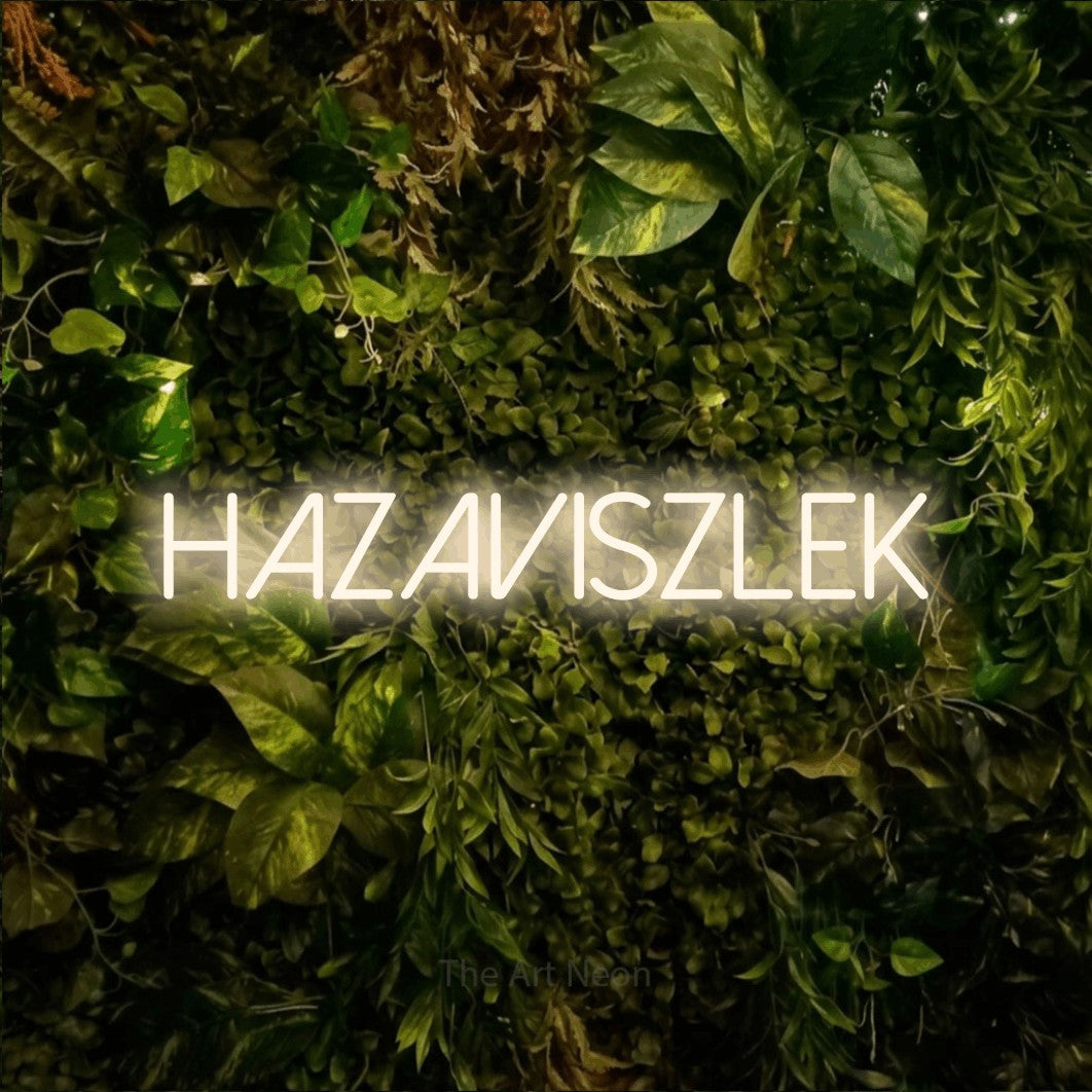 LED neon sign reading “HAZAVISZLEK”, arranged in a single line.