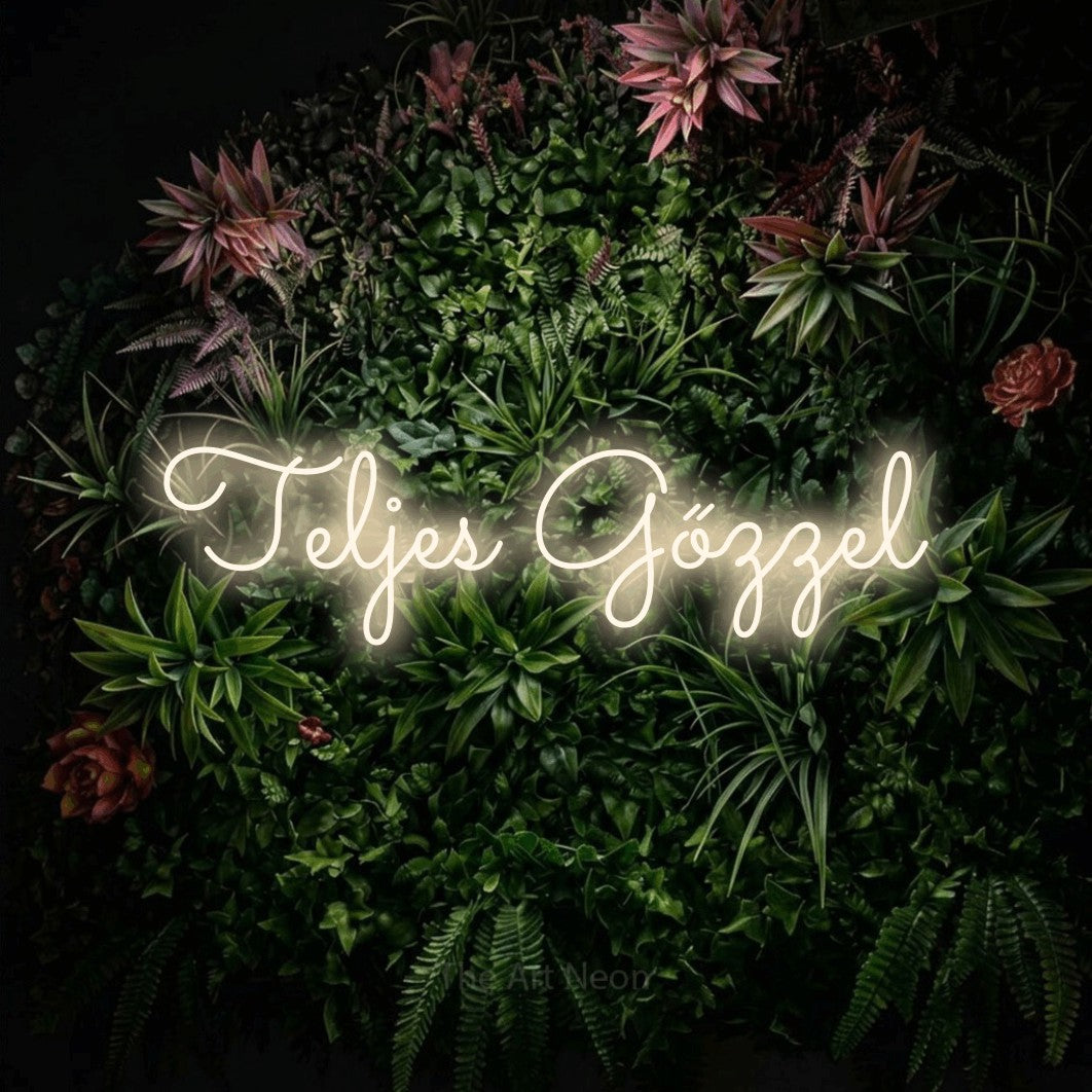 LED neon sign reading “Teljes Gőzzel”, arranged in a single line.