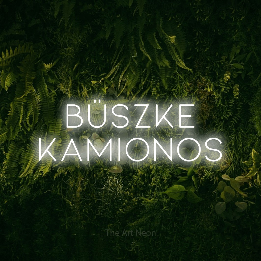 LED neon sign reading “büszke KAMIONOS”, arranged in two lines.