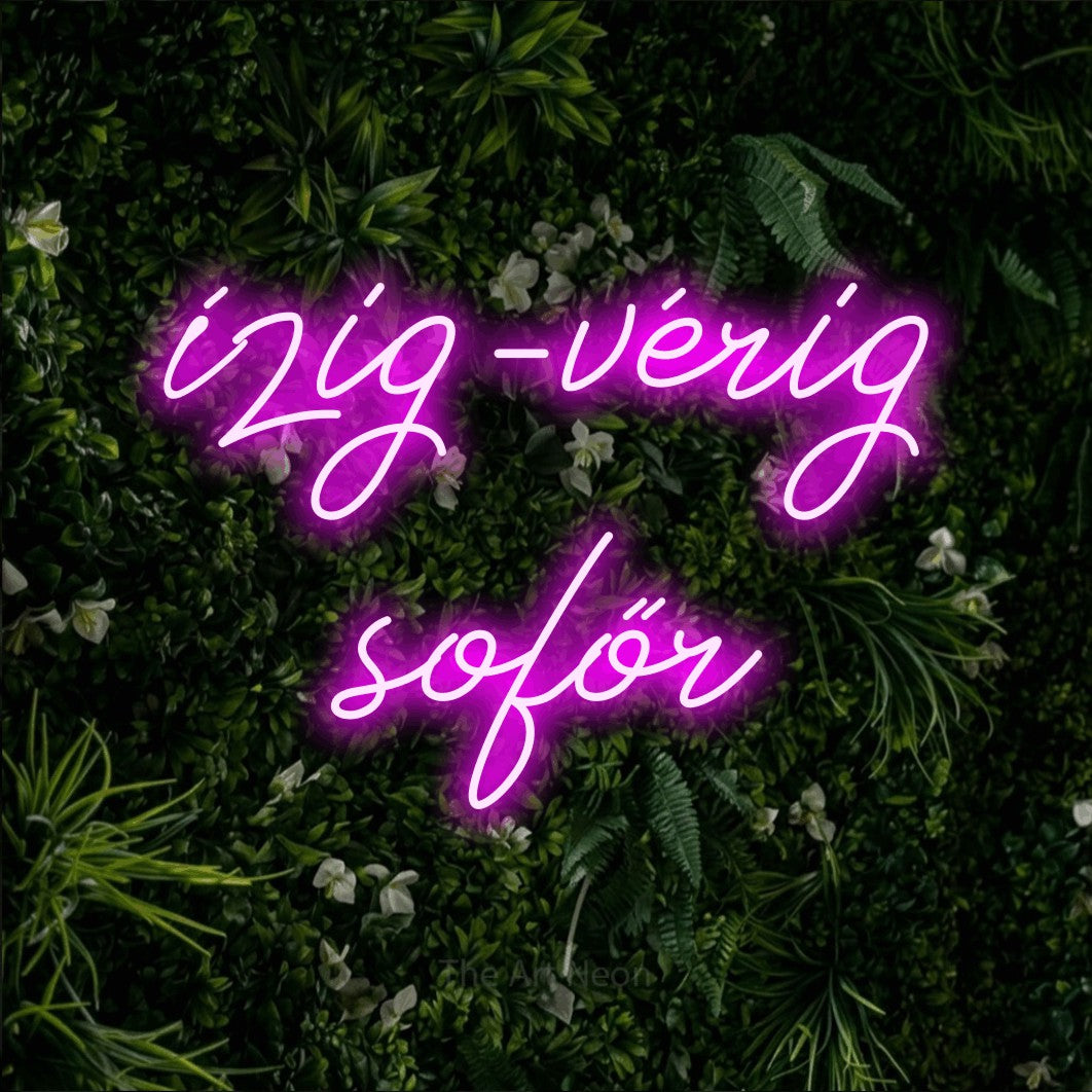 LED neon sign reading “ízig-vérig sofőr”, arranged in two lines.