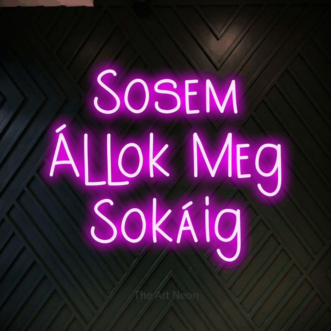 LED neon sign reading “Sosem Állok Meg Sokáig”, arranged in three lines.