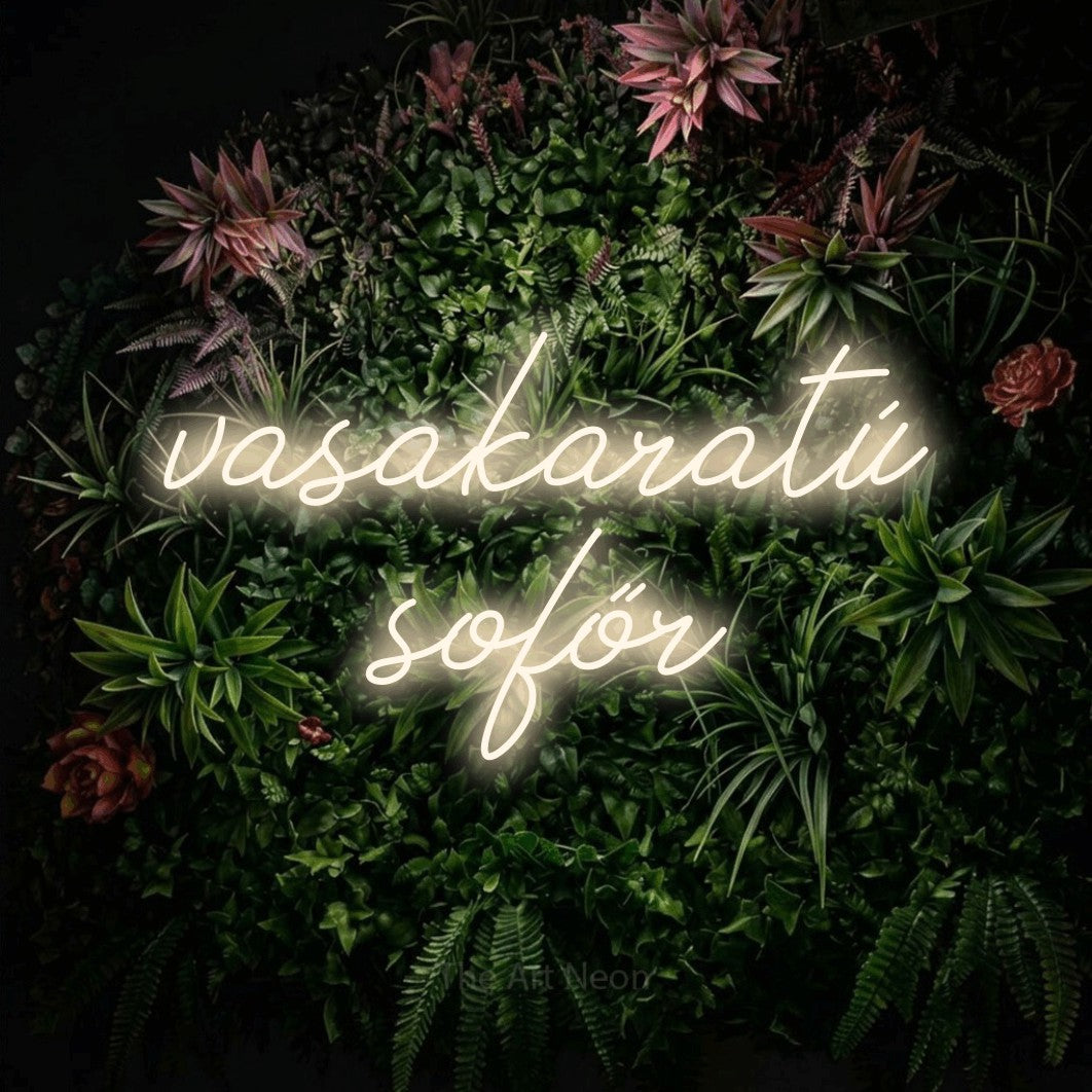 LED neon sign reading “vasakaratú sofőr”, arranged in two lines.