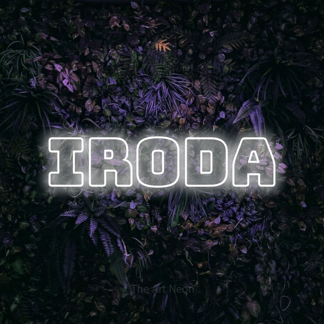 LED neon sign reading “Iroda”, arranged in a single line.