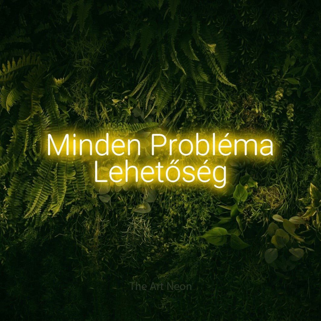 LED neon sign reading “Minden Probléma Lehetőség”, arranged in two lines.