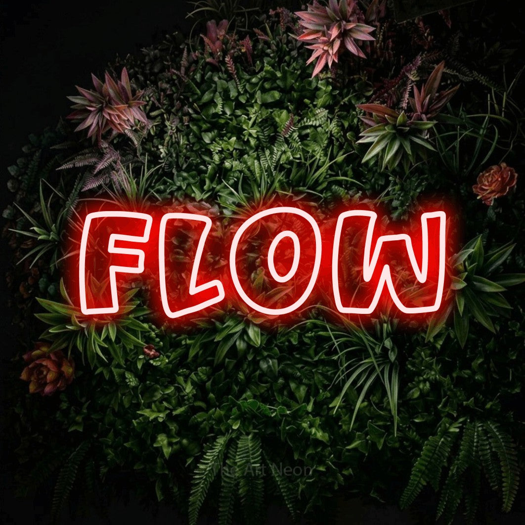 LED neon sign reading “Flow”, arranged in a single line.