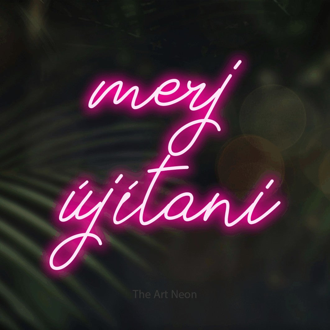 LED neon sign reading “merj újítani”, arranged in two lines.