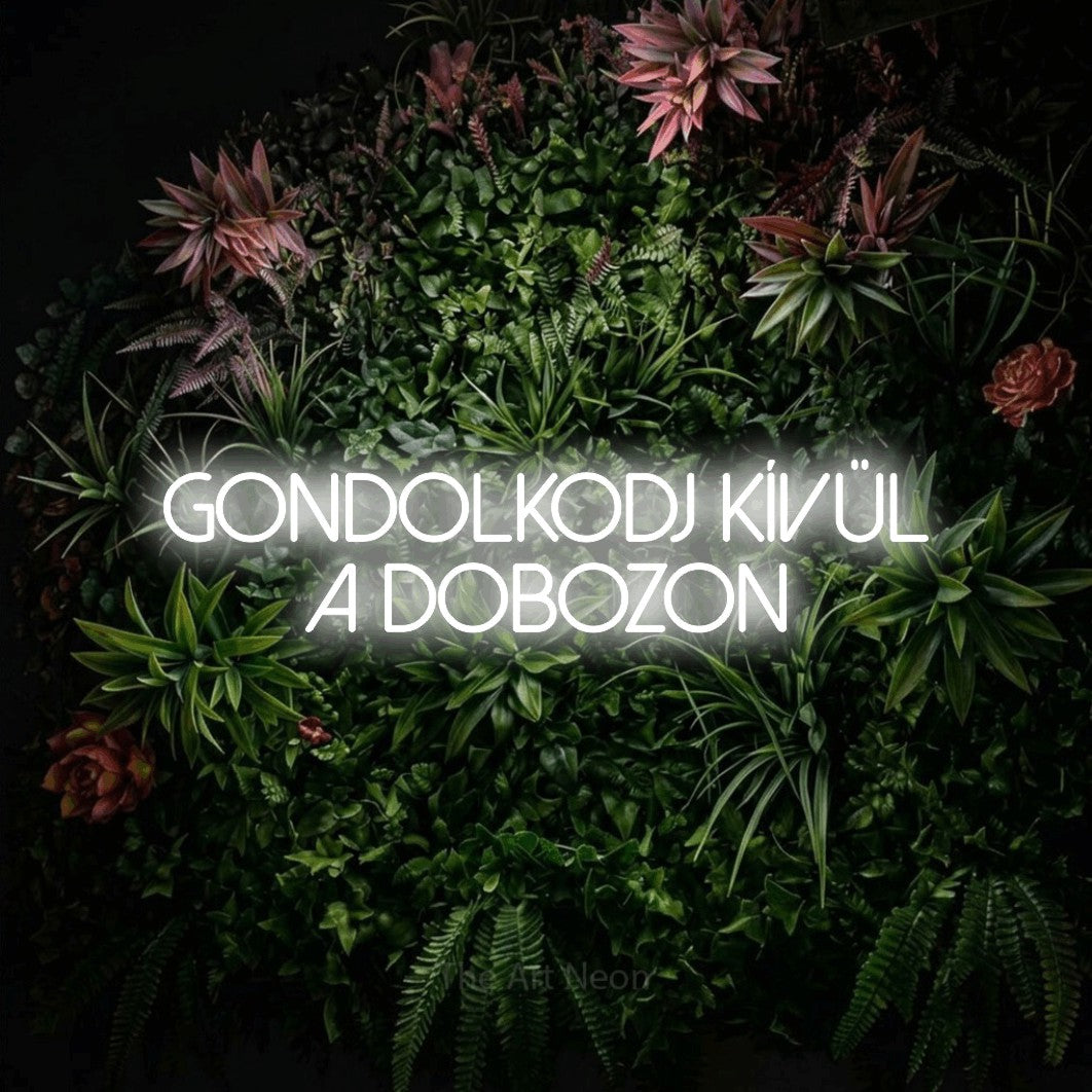 LED neon sign reading “Gondolkodj kívül a dobozon”, arranged in two lines.