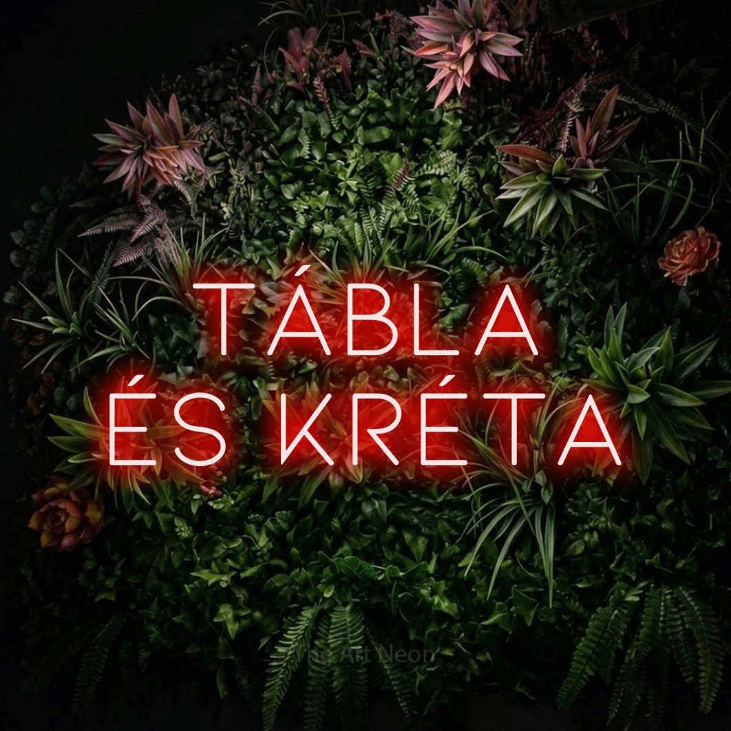 LED neon sign reading “tábla és kréta”, arranged in two lines.