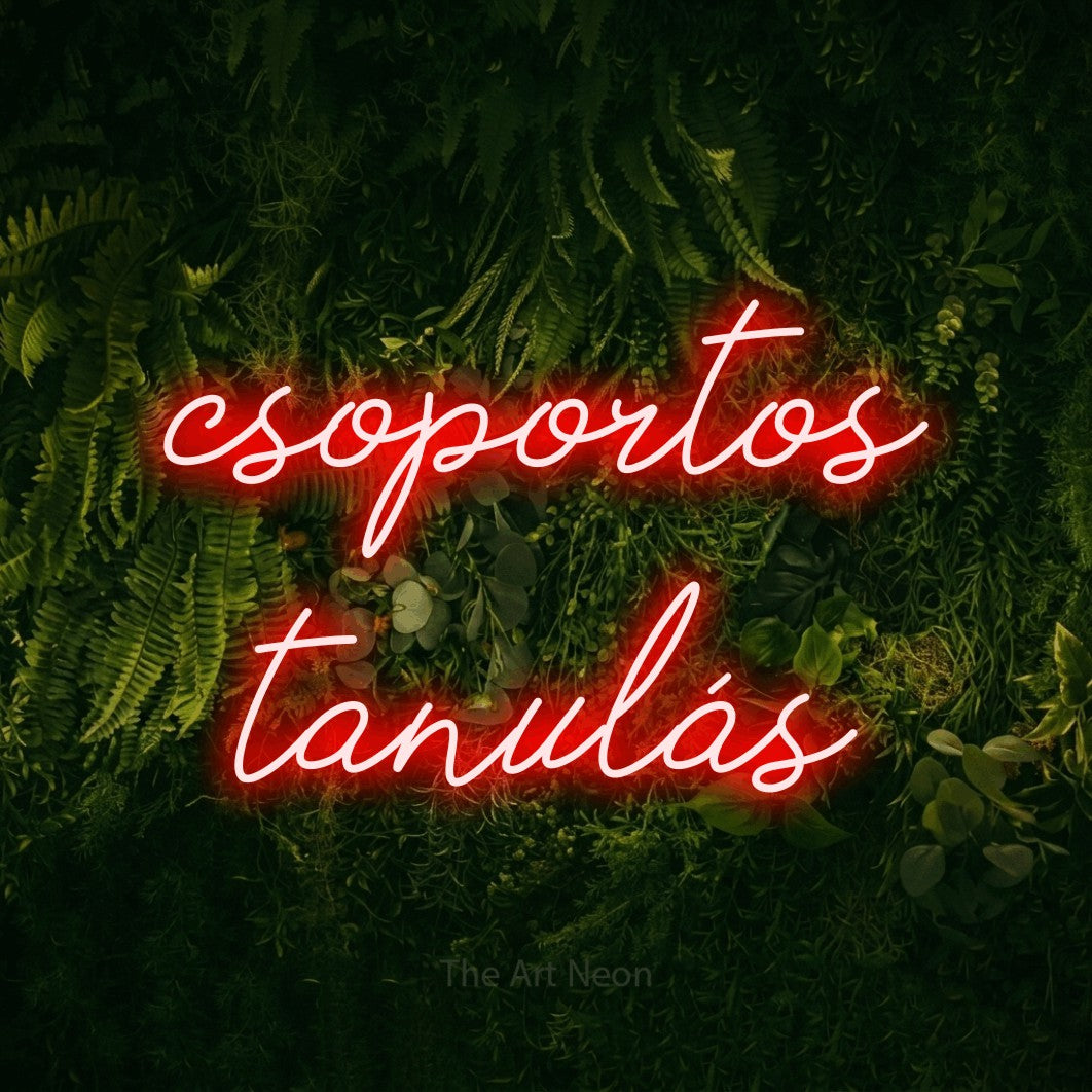 LED neon sign reading “csoportos tanulás”, arranged in two lines.