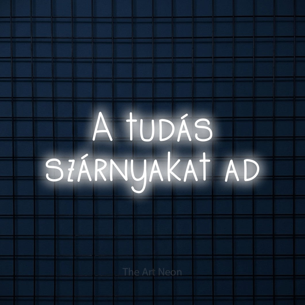 LED neon sign reading “A tudás szárnyakat ad”, arranged in two lines.