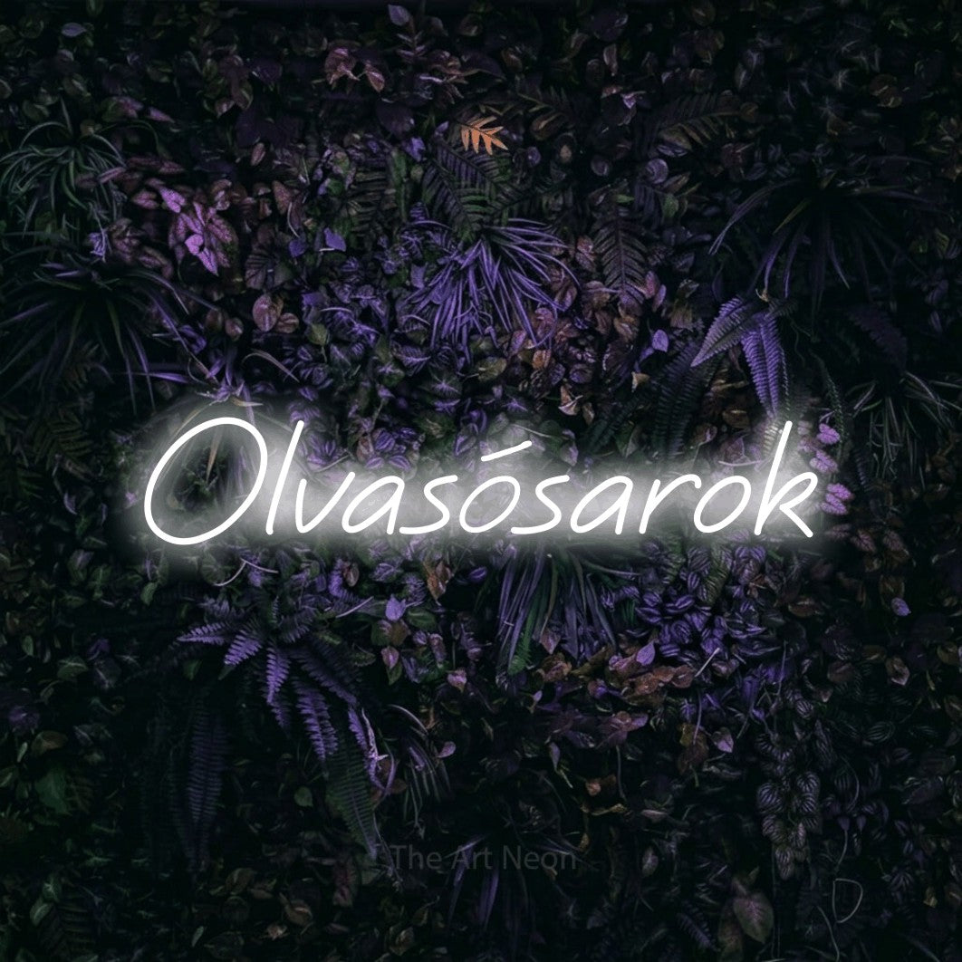 LED neon sign reading “Olvasósarok”, arranged in a single line.