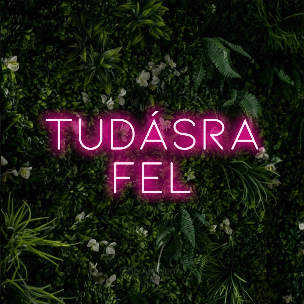 LED neon sign reading “tudásra fel”, arranged in two lines.