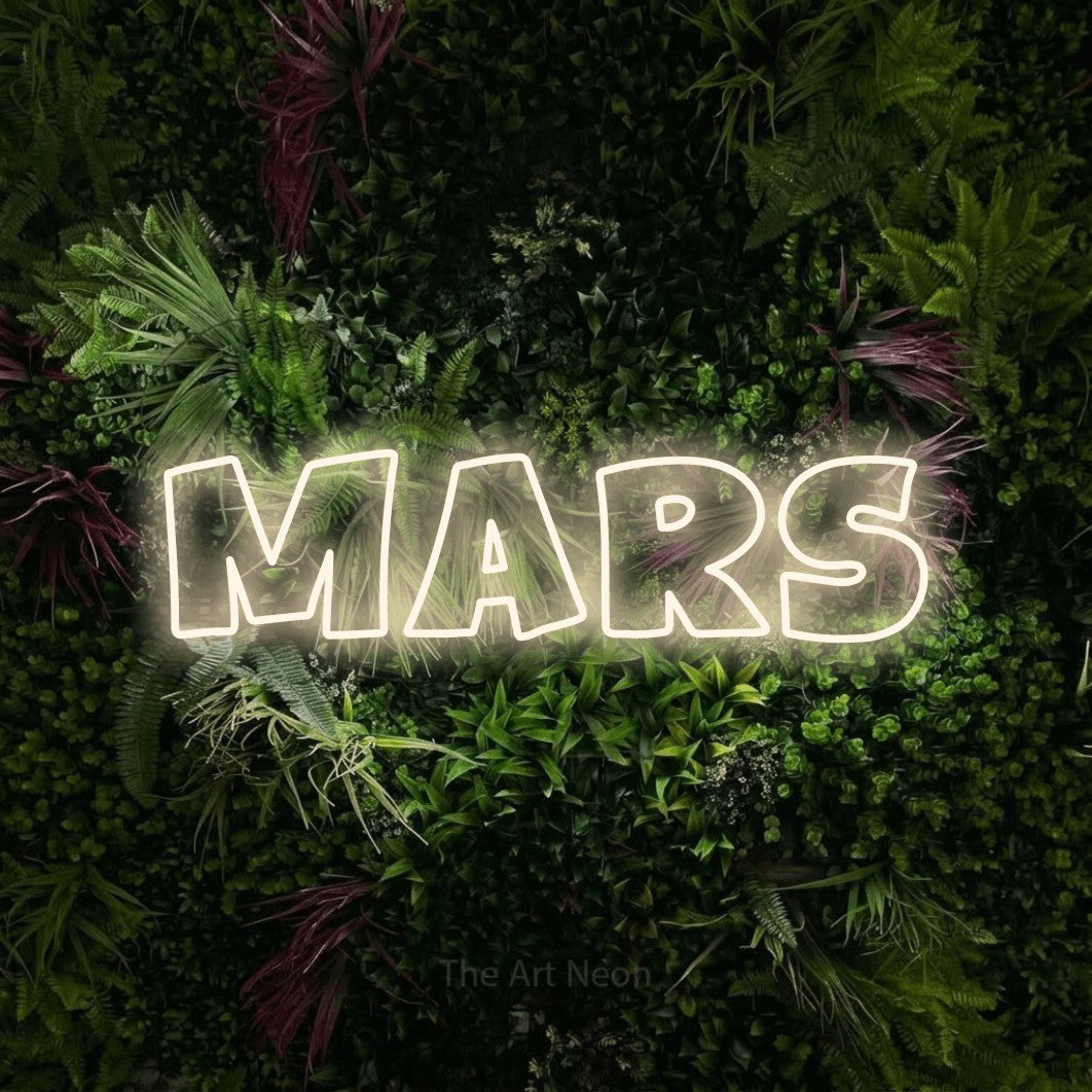 LED neon sign reading “Mars”, arranged in a single line.