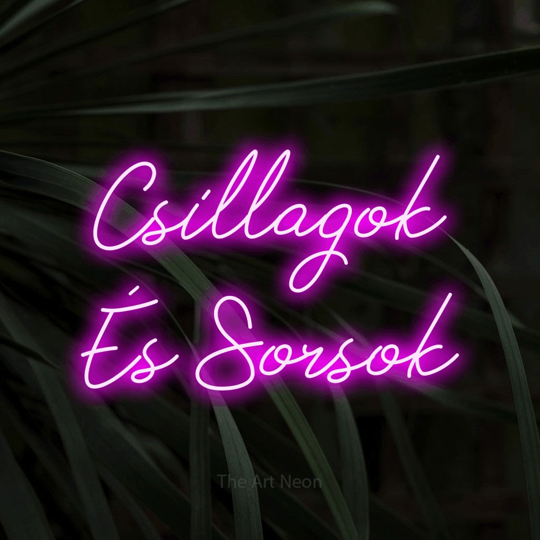 LED neon sign reading “Csillagok És Sorsok”, arranged in two lines.