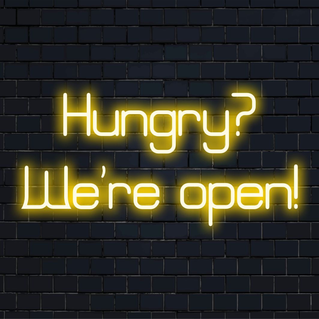 LED neon sign reading Hungry We're Open! in vibrant colors, perfect for enhancing any space with inviting neon light decor.