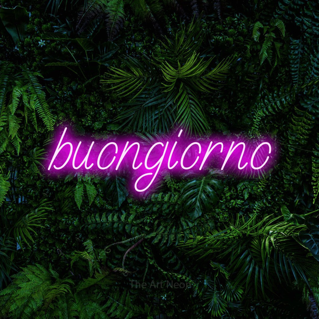 LED neon sign reading “buongiorno”, arranged in a single line.