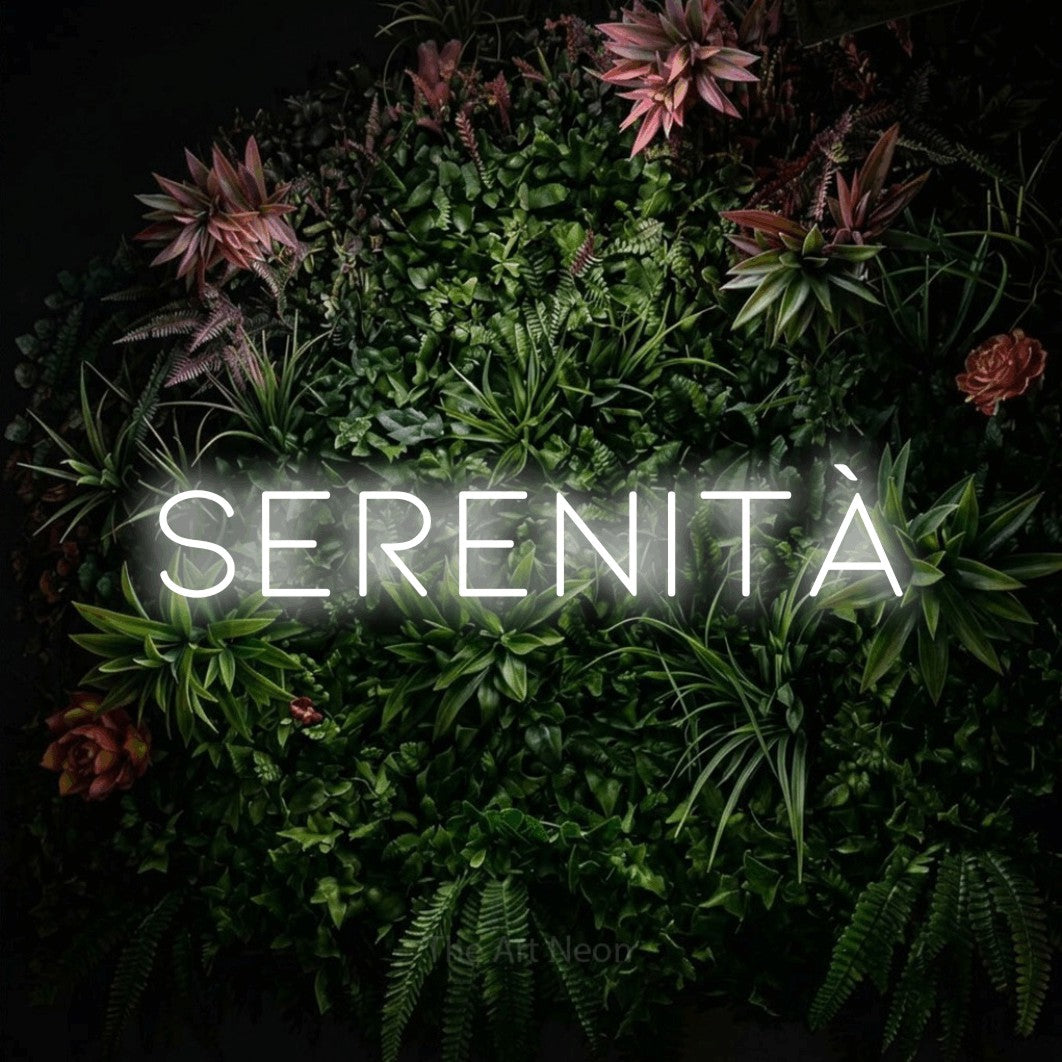 LED neon sign reading “SERENITÀ”, arranged in a single line.