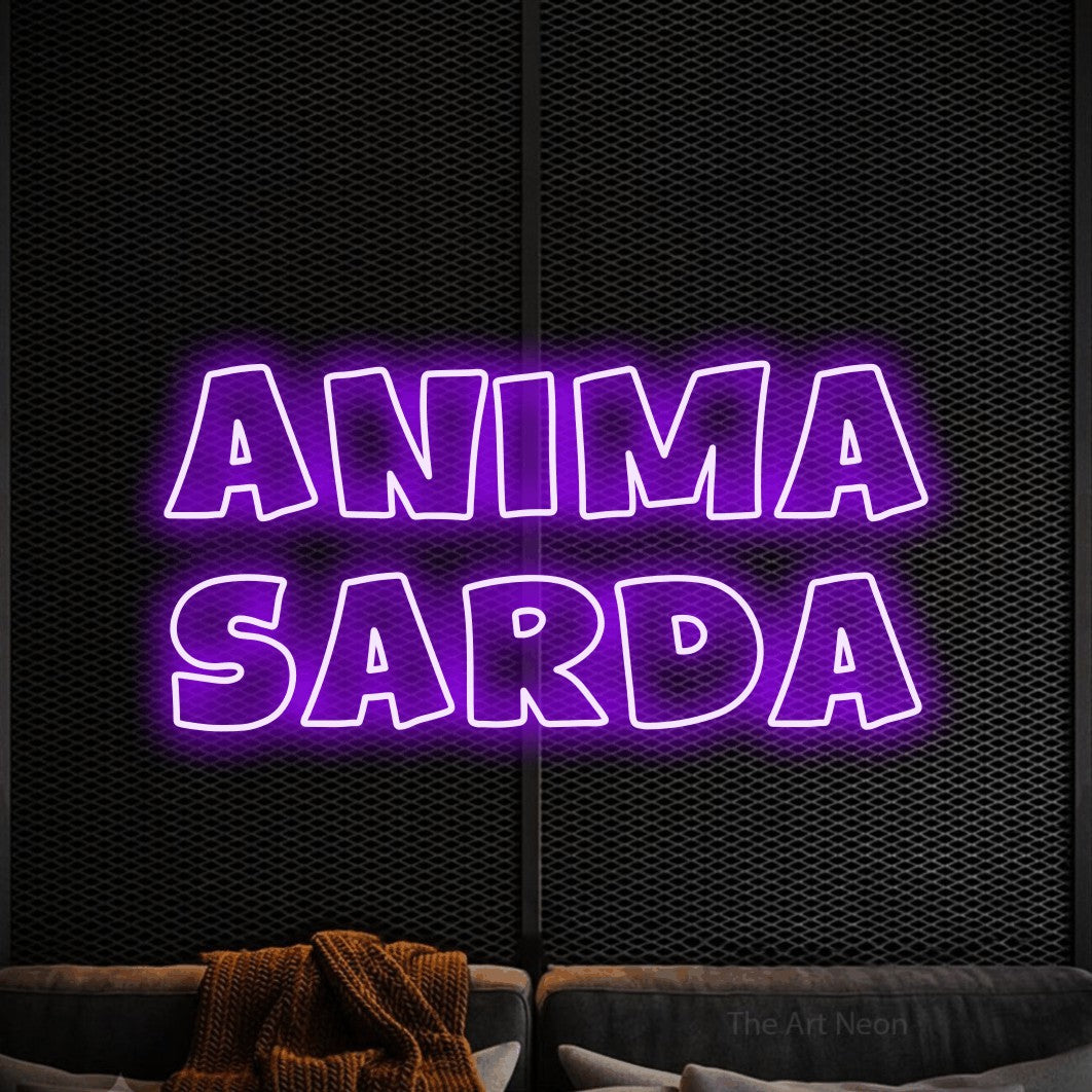 LED neon sign reading “Anima Sarda”, arranged in 2 lines.