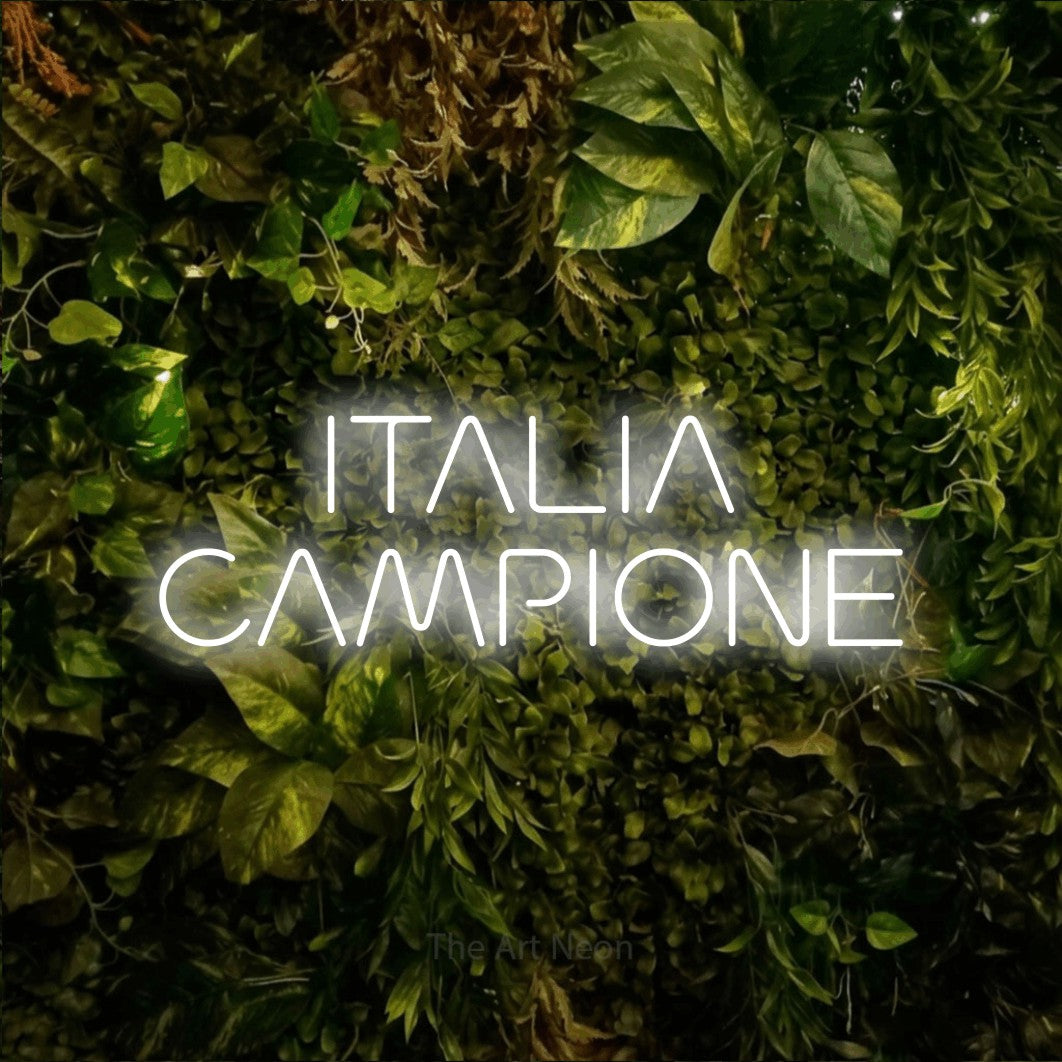 LED neon sign reading “ITALIA CAMPIONE”, arranged in 2 lines.