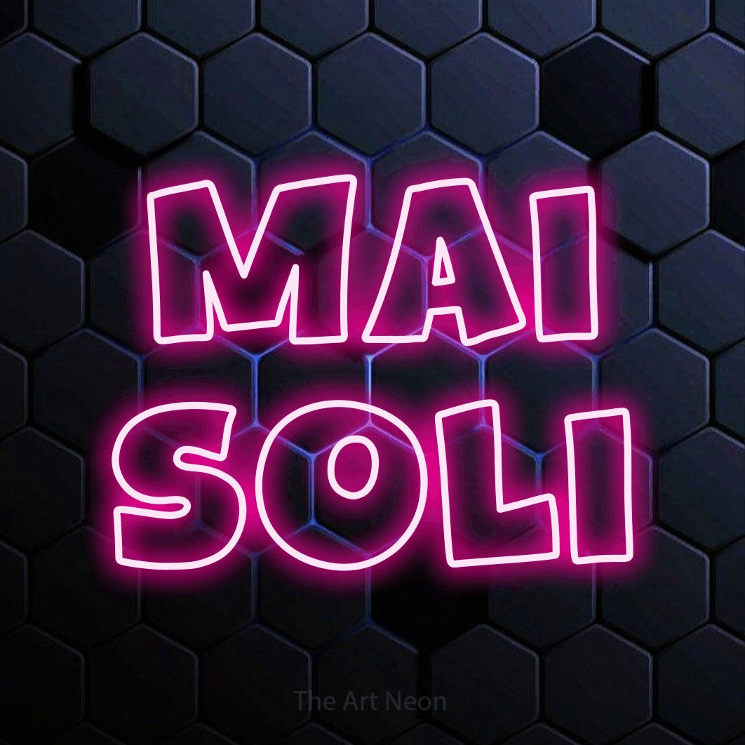 LED neon sign reading “Mai Soli”, arranged in 2 lines.