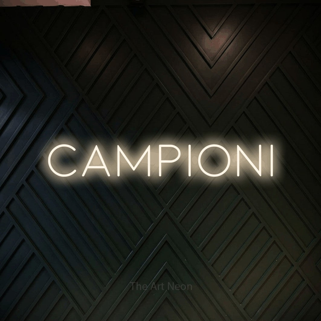 LED neon sign reading “campioni”, arranged in a single line.