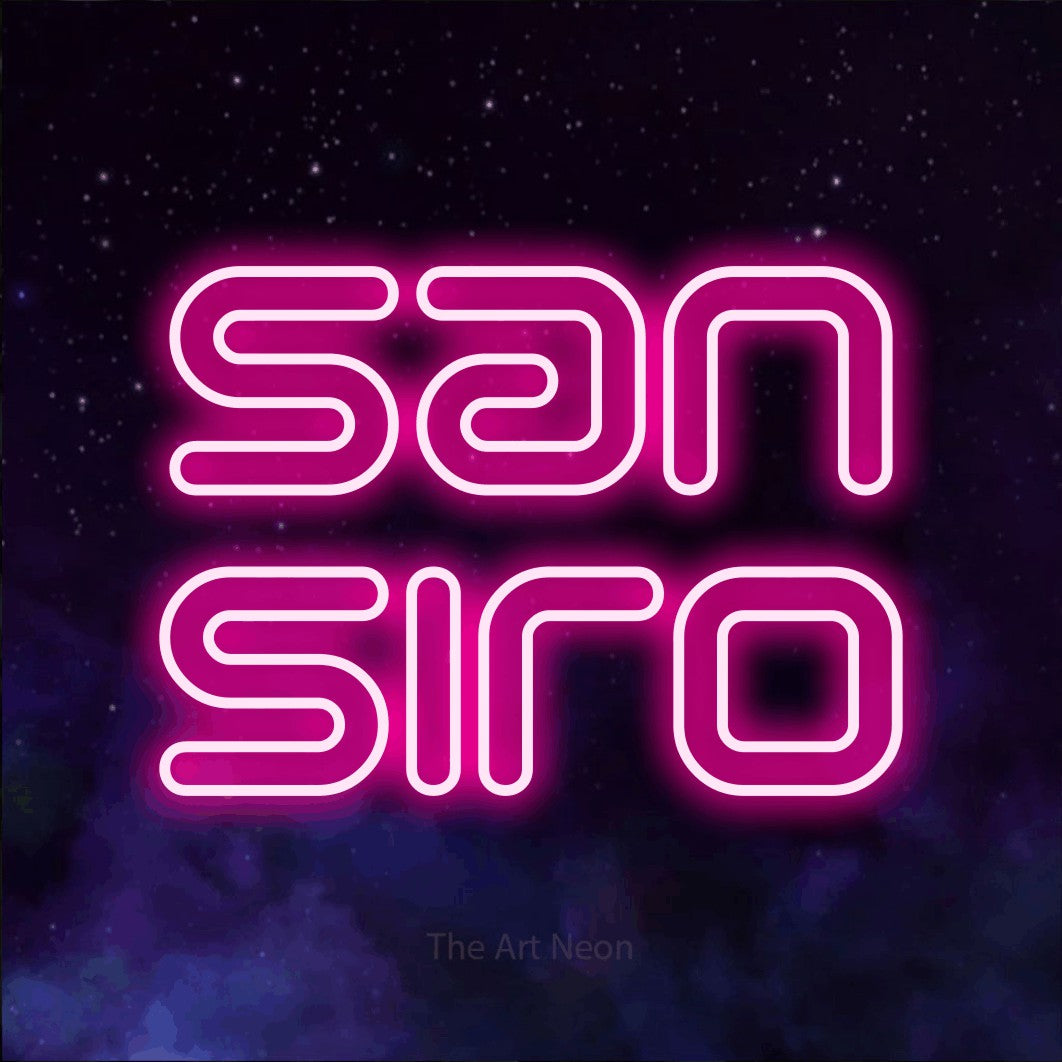 LED neon sign reading “San Siro”, arranged in 2 lines.