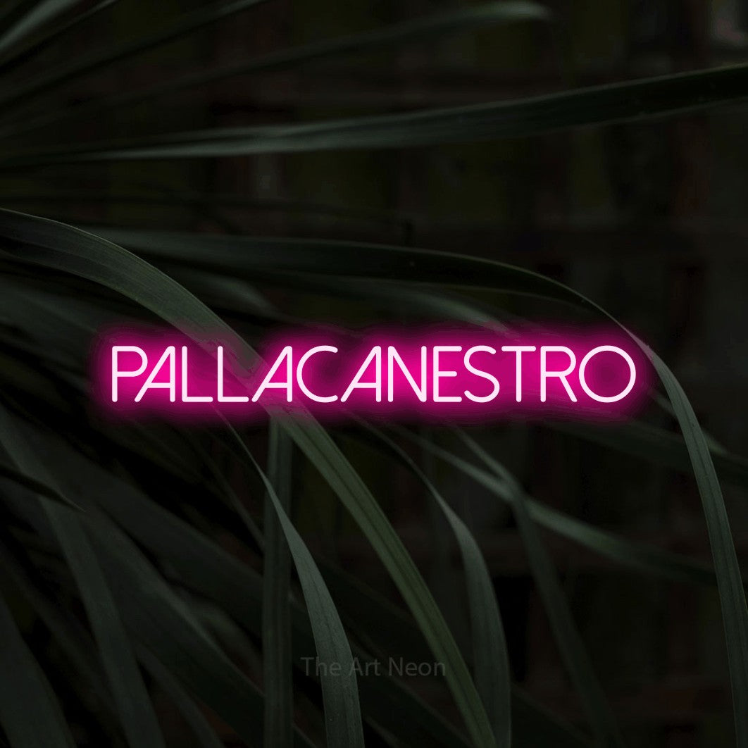 LED neon sign reading “pallacanestro”, arranged in a single line.