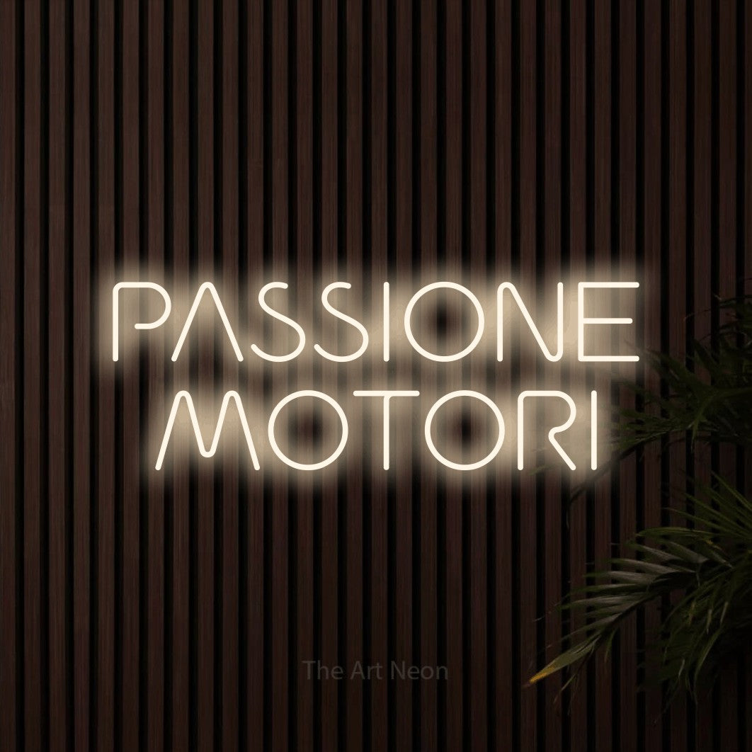 LED neon sign reading “PASSIONE MOTORI”, arranged in 2 lines.