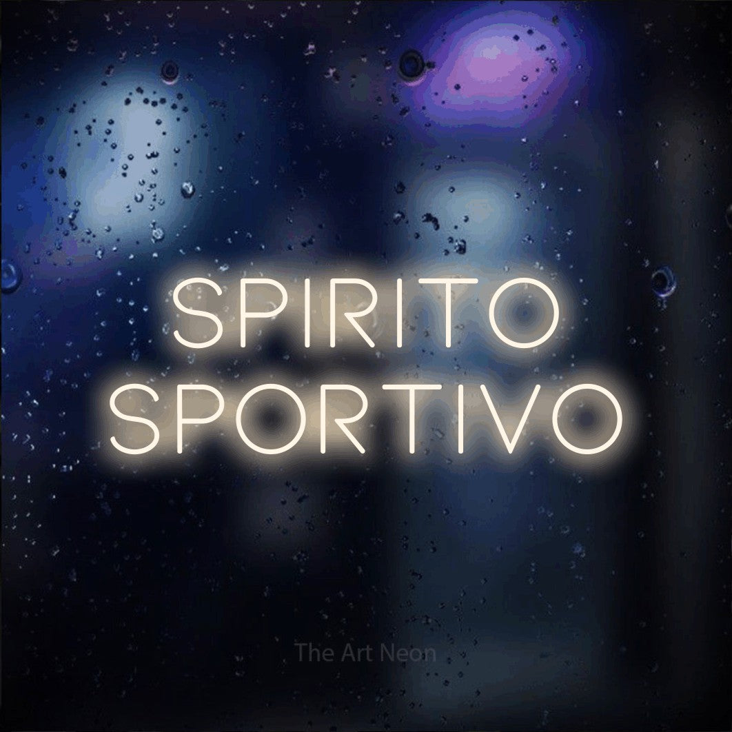 LED neon sign reading “spirito sportivo”, arranged in 2 lines.